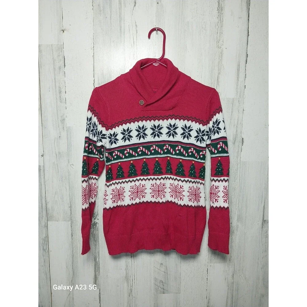 Children’s Place Boys Size 10/12 Holiday Christmas Fairisle Shawl Sweater-Red